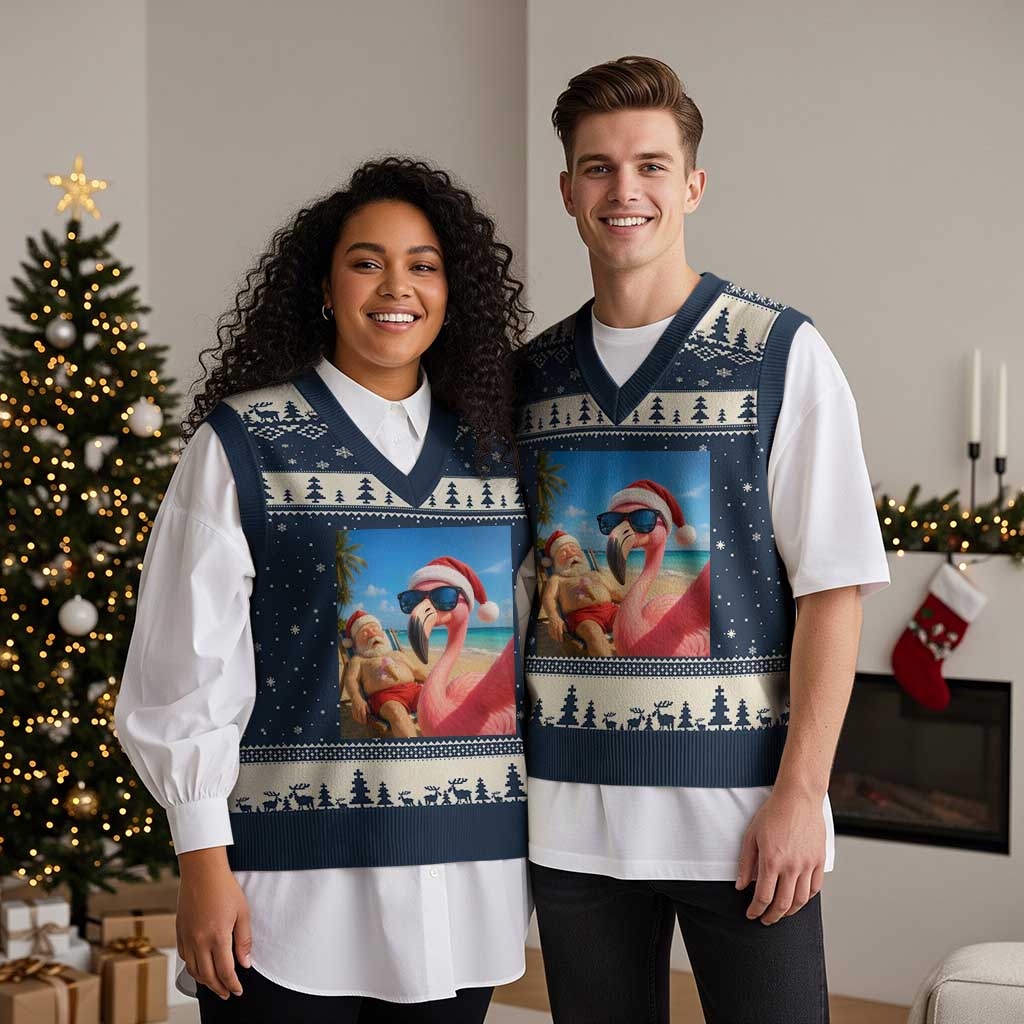 Funny Flamingo Beach Selfie V-Neck Knit Sweater Vest Christmas in July