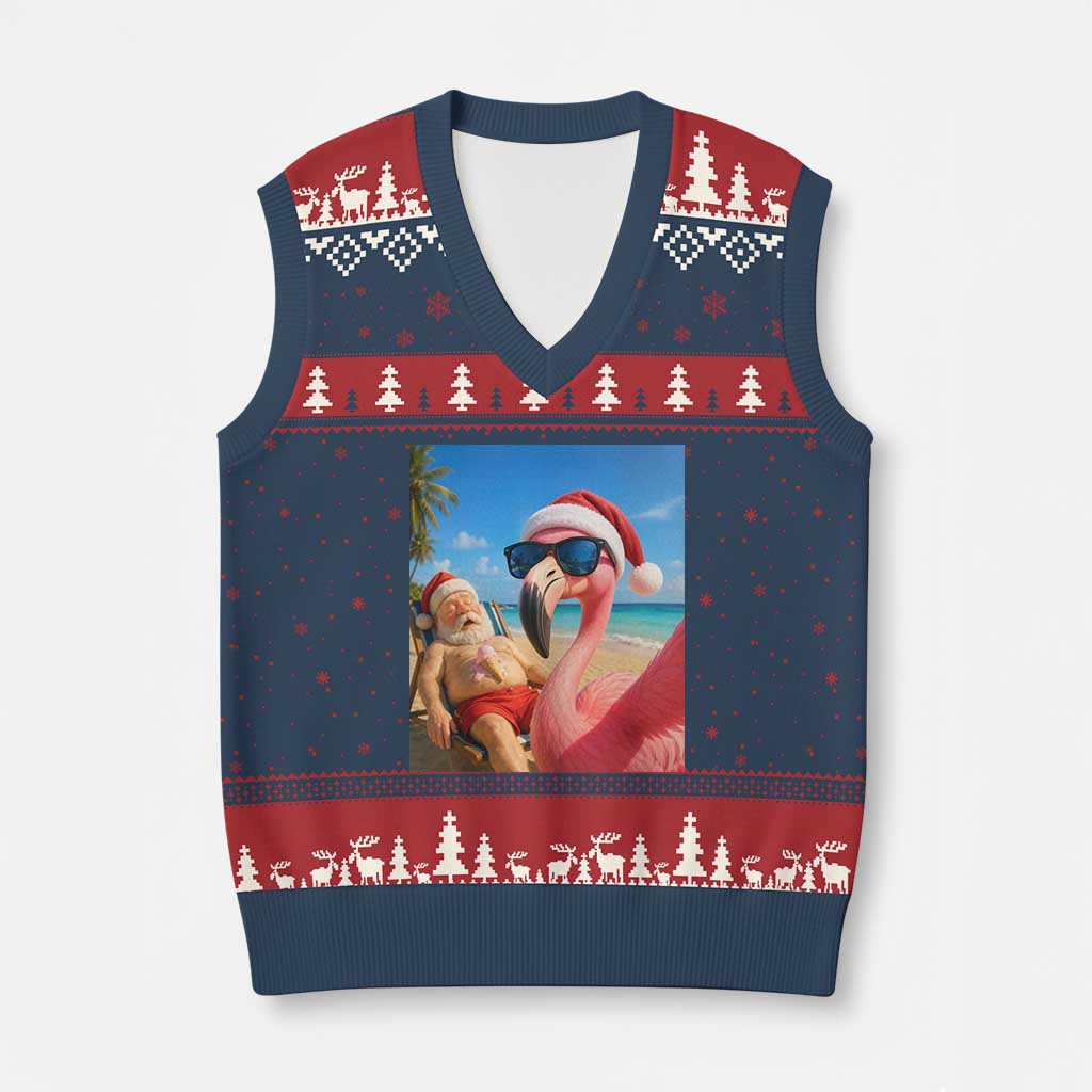 Funny Flamingo Beach Selfie V-Neck Knit Sweater Vest Christmas in July