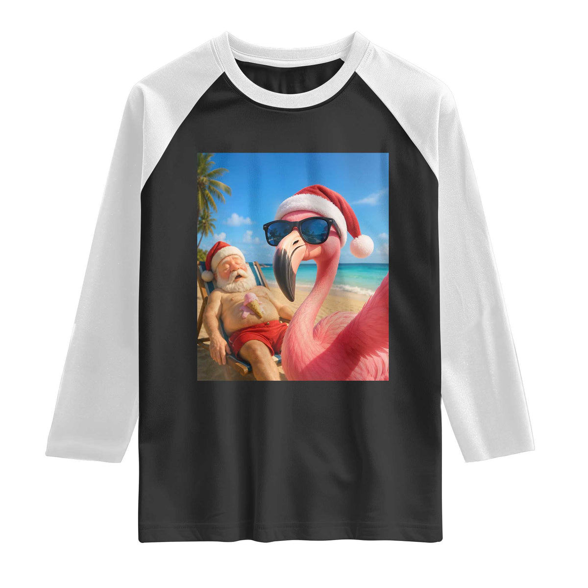 Funny Flamingo Beach Selfie Raglan Shirt Christmas in July