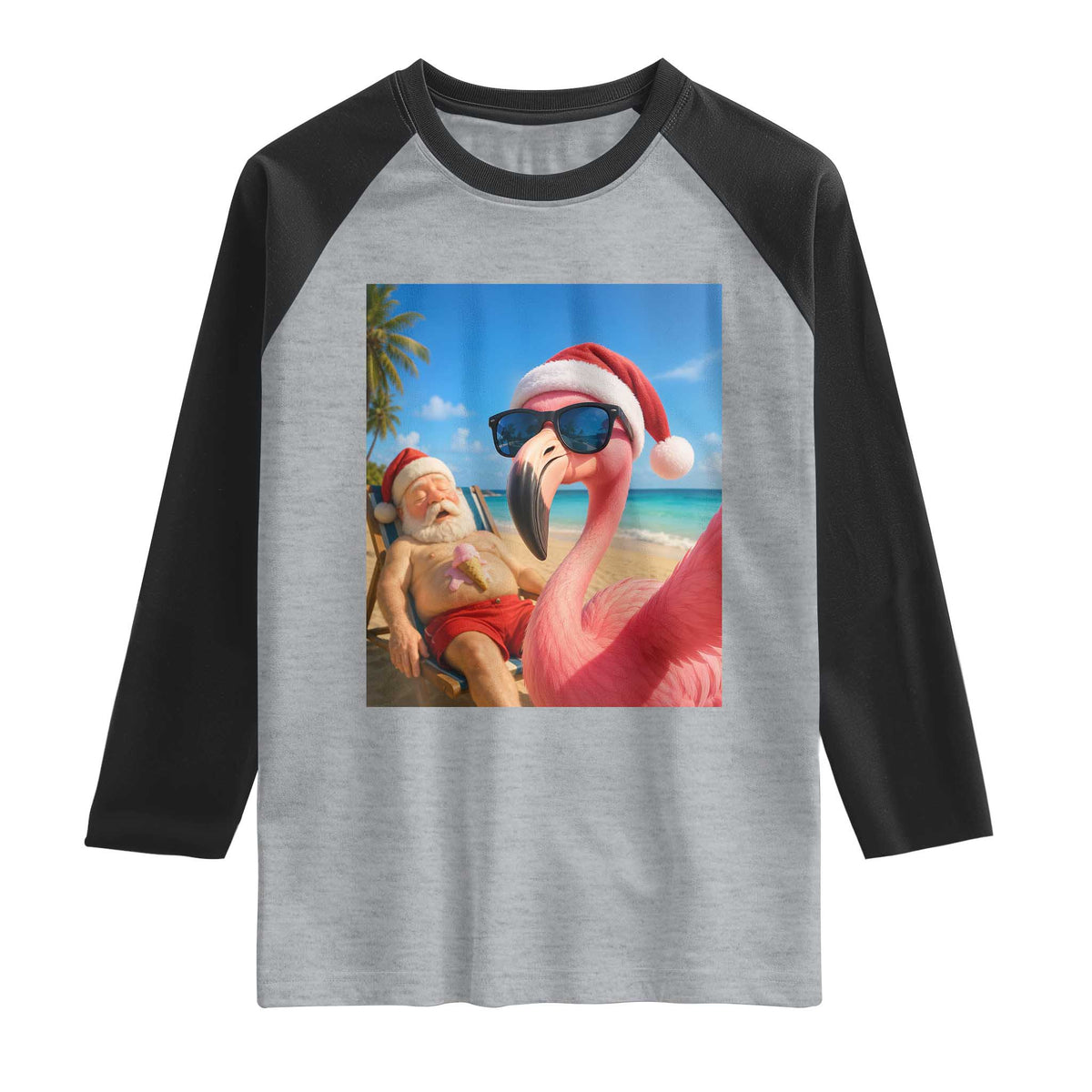 Funny Flamingo Beach Selfie Raglan Shirt Christmas in July