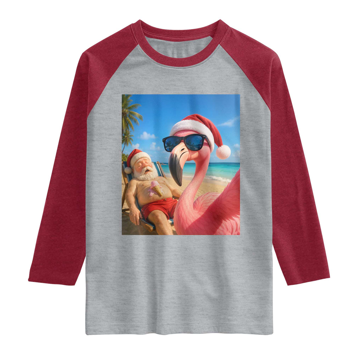 Funny Flamingo Beach Selfie Raglan Shirt Christmas in July