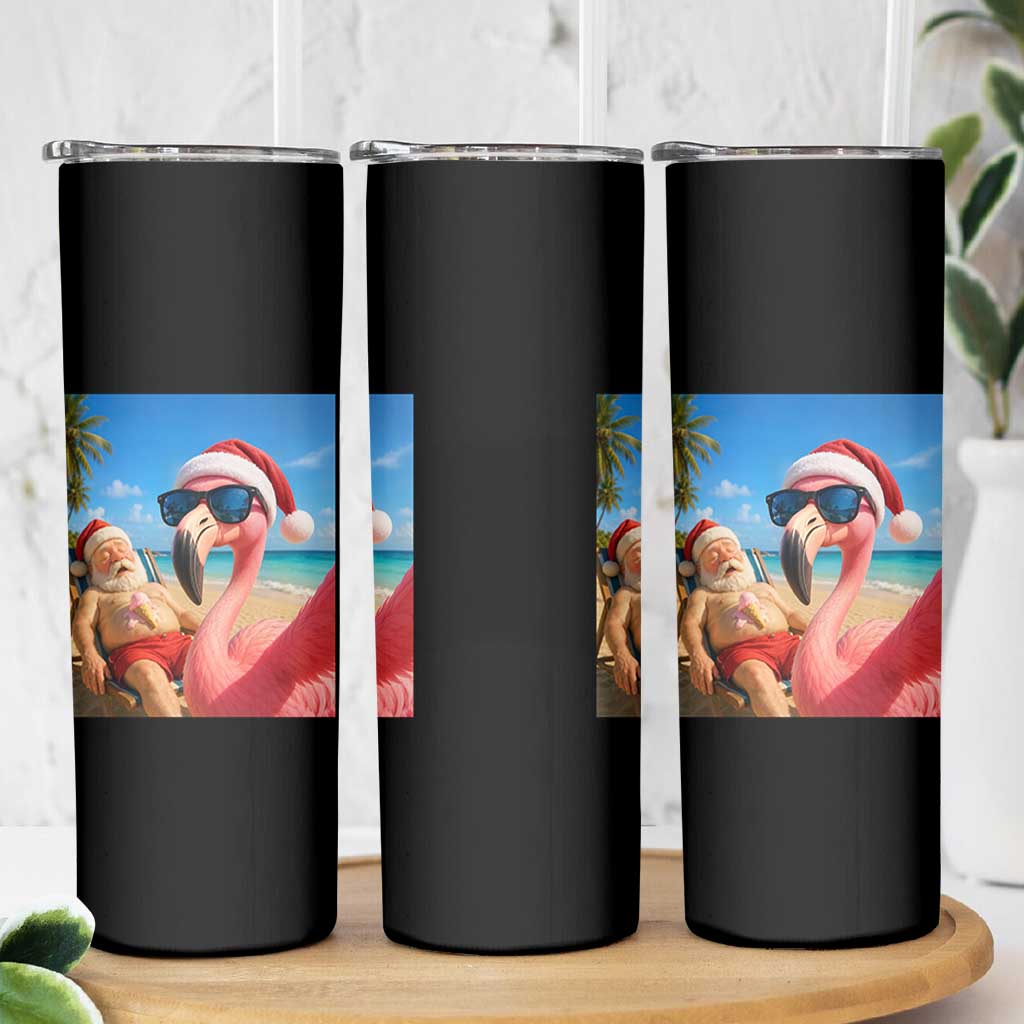 Funny Flamingo Beach Selfie Skinny Tumbler Christmas in July