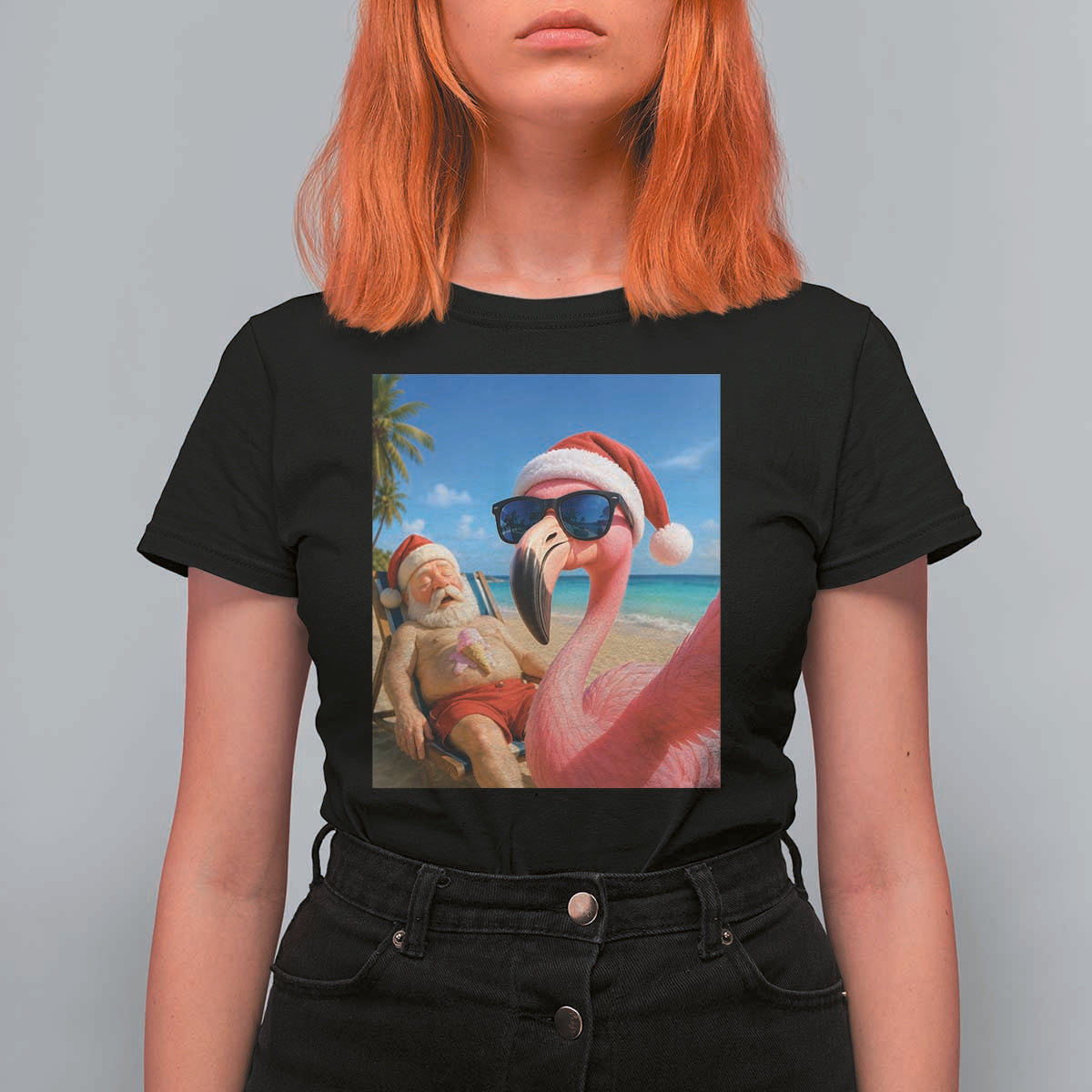 Funny Flamingo Beach Selfie T Shirt For Women Christmas in July