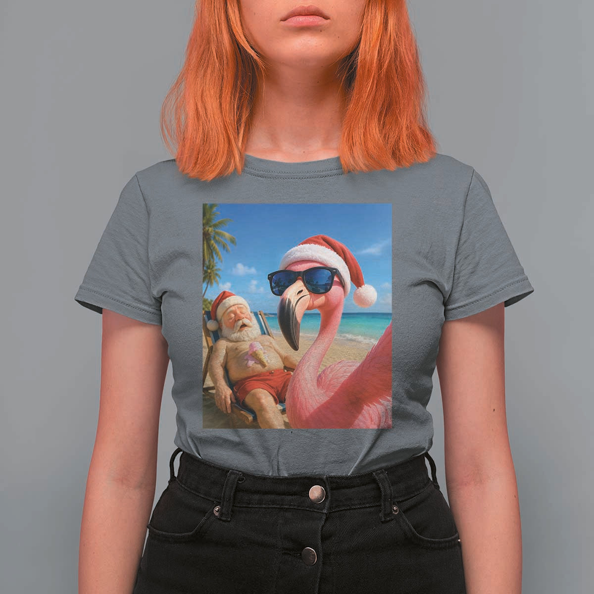 Funny Flamingo Beach Selfie T Shirt For Women Christmas in July