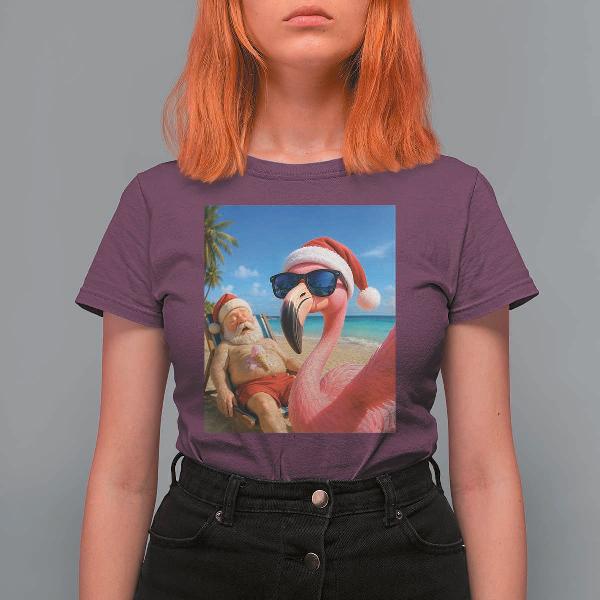 Funny Flamingo Beach Selfie T Shirt For Women Christmas in July