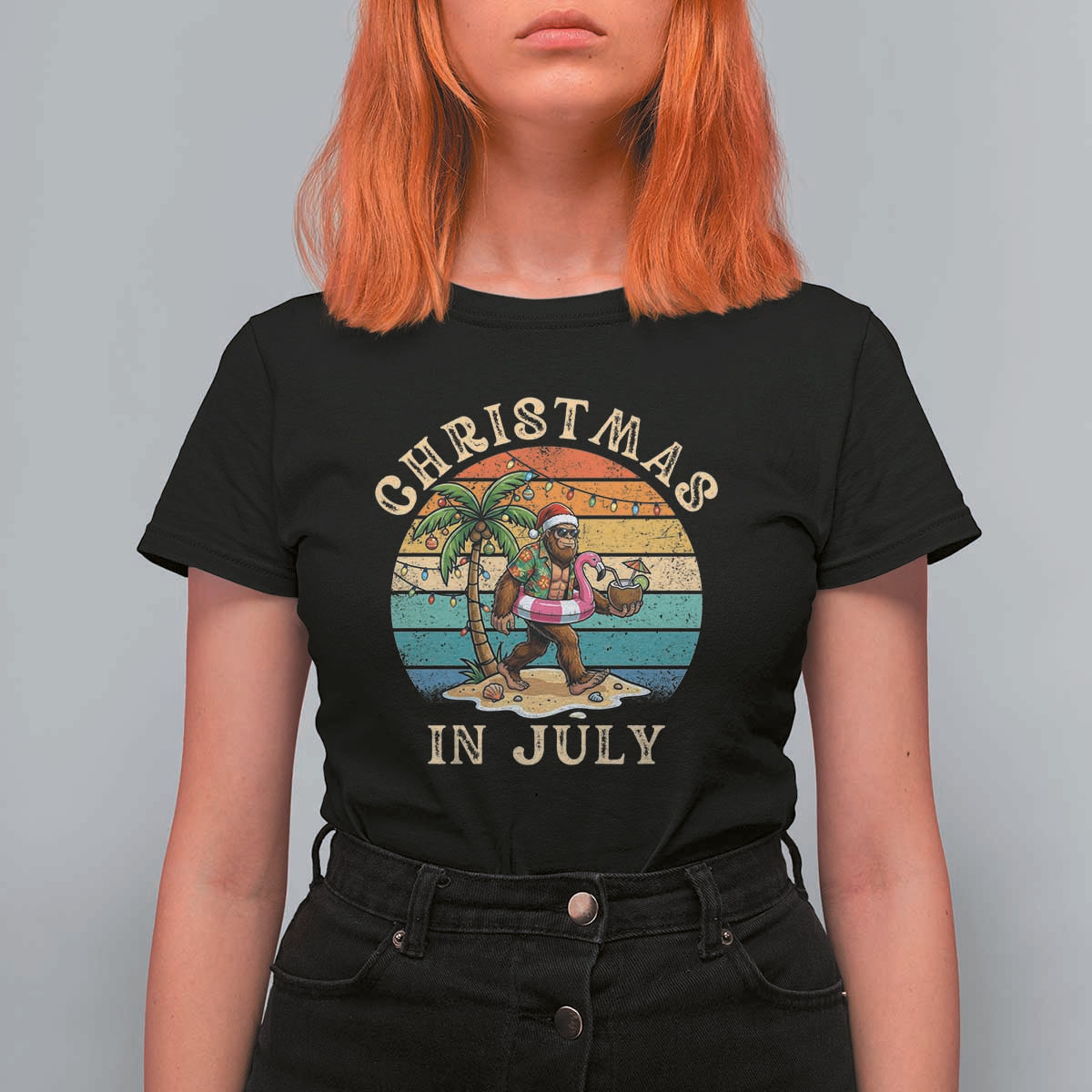 Funny Bigfoot Christmas In July Beach Vacation T Shirt For Women