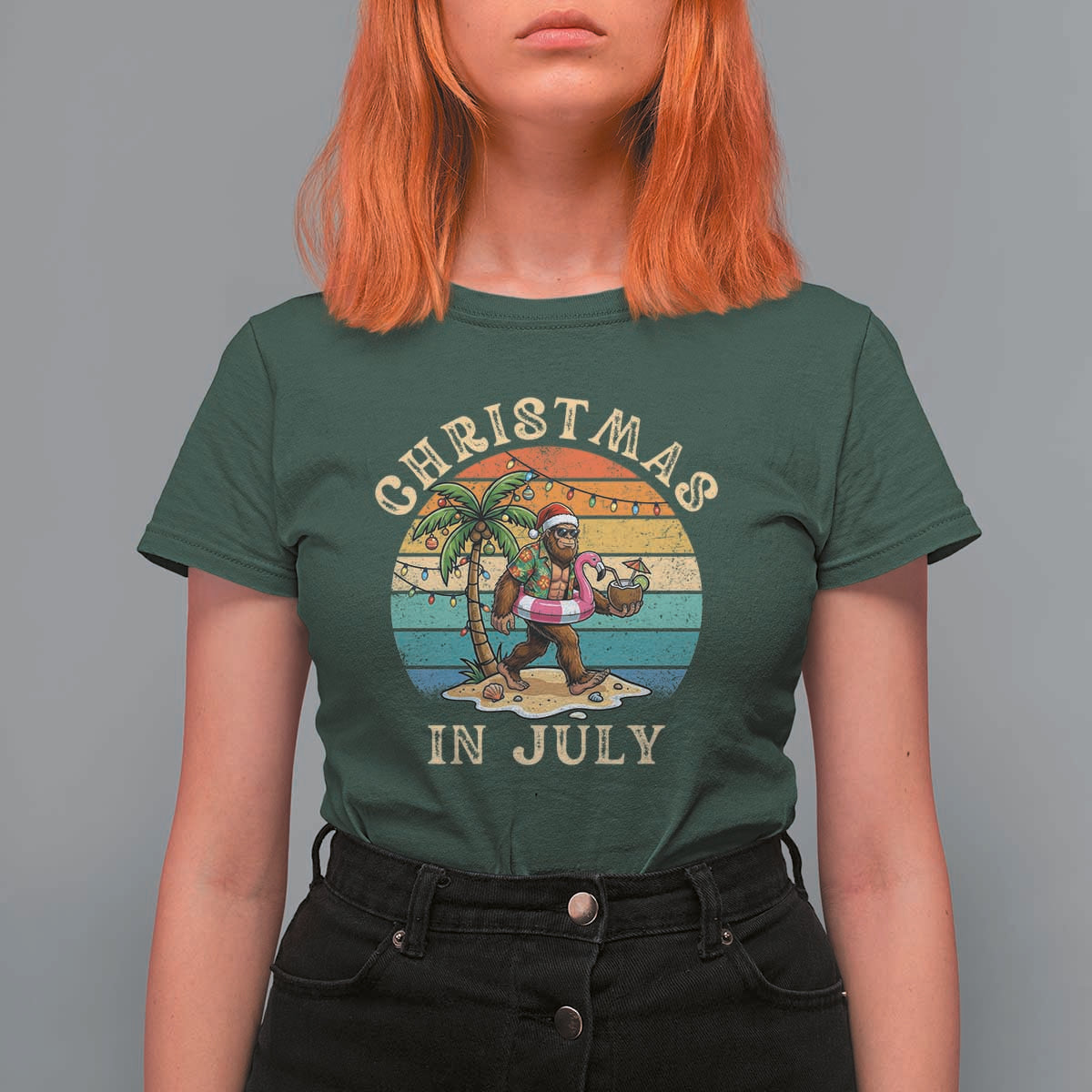 Funny Bigfoot Christmas In July Beach Vacation T Shirt For Women
