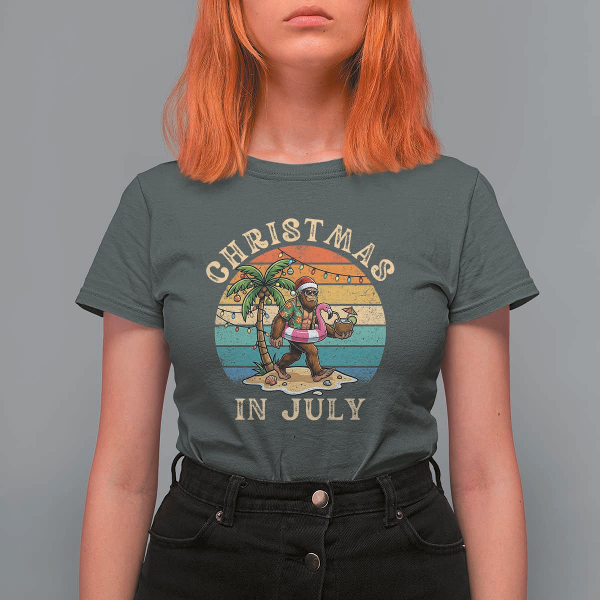Funny Bigfoot Christmas In July Beach Vacation T Shirt For Women
