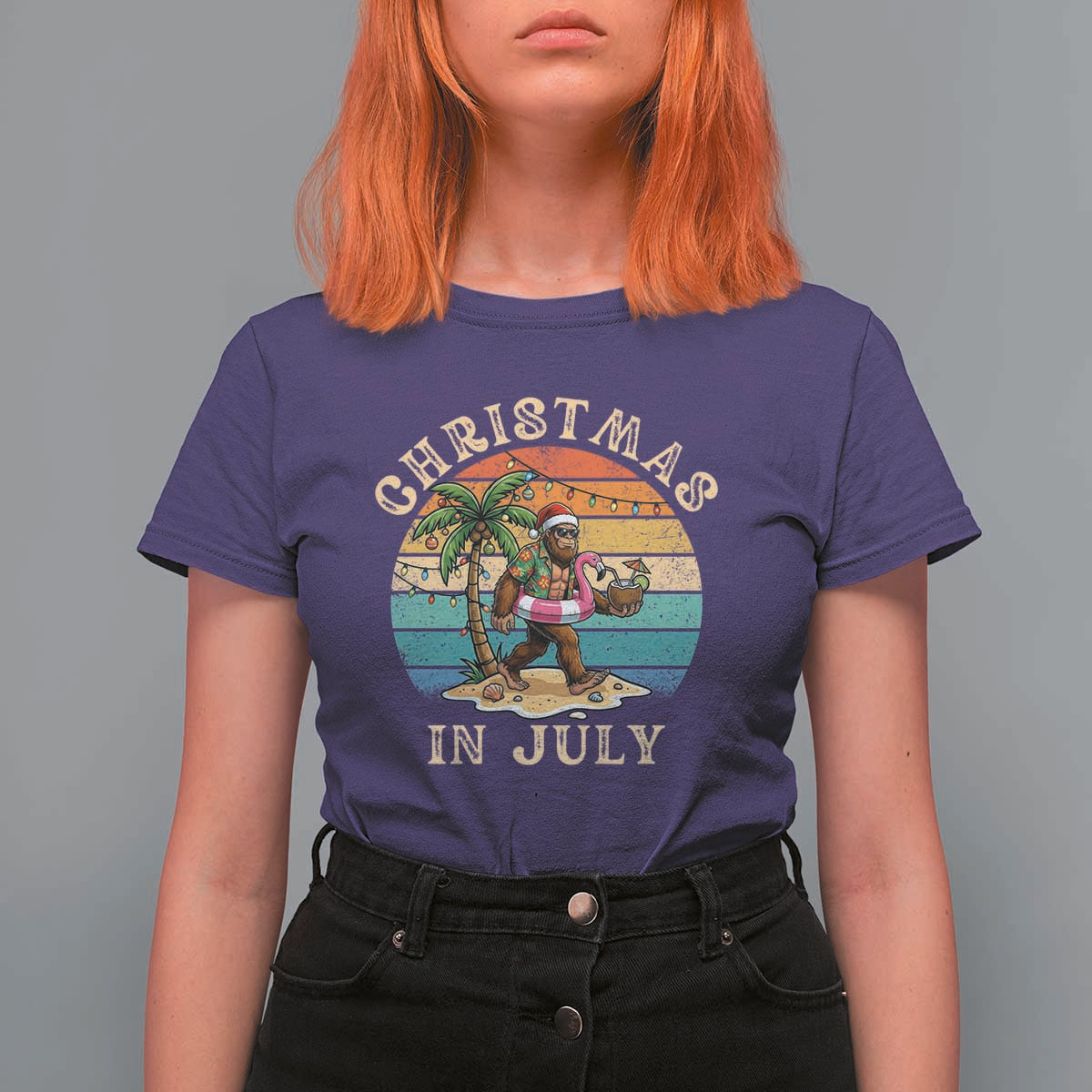 Funny Bigfoot Christmas In July Beach Vacation T Shirt For Women