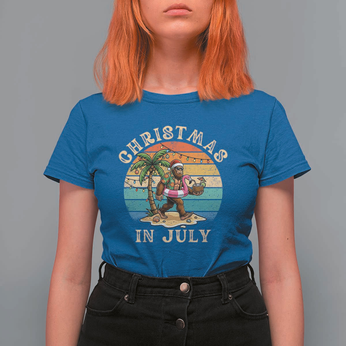 Funny Bigfoot Christmas In July Beach Vacation T Shirt For Women