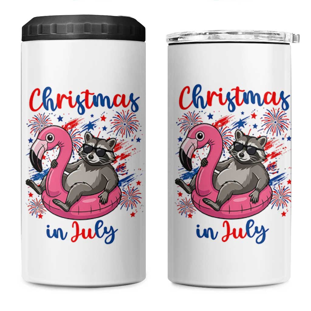 Funny Raccoon Christmas In July 4th of July 4 in 1 Can Cooler Tumbler