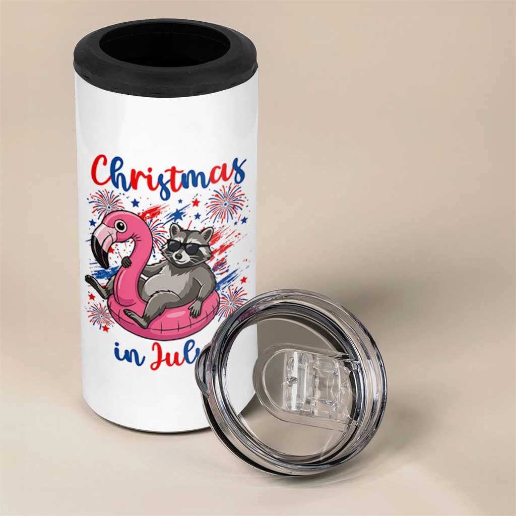 Funny Raccoon Christmas In July 4th of July 4 in 1 Can Cooler Tumbler