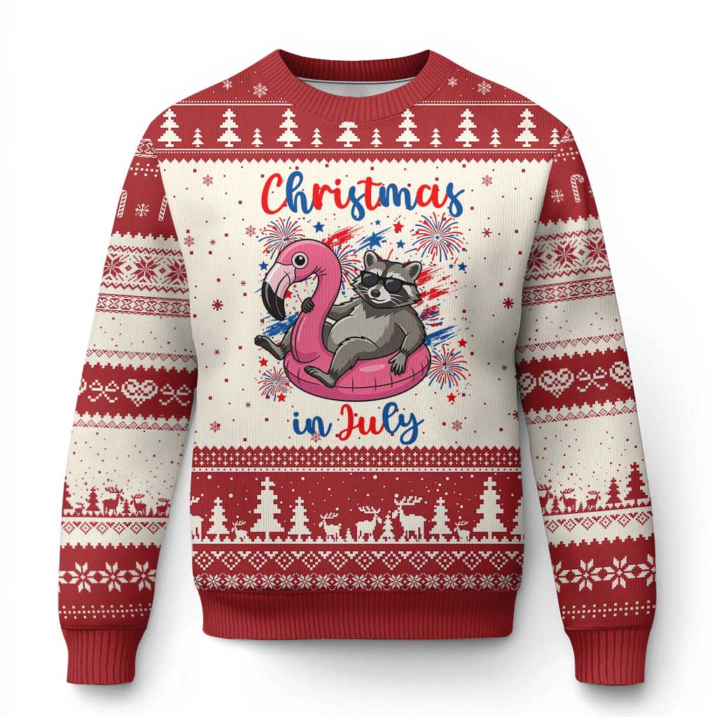 Funny Raccoon Christmas In July 4th of July Ugly Christmas Sweater