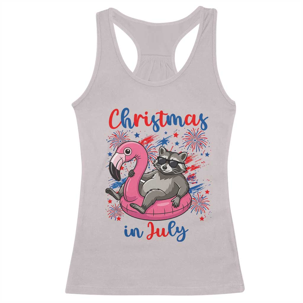 Funny Raccoon Christmas In July 4th of July Racerback Tank Top
