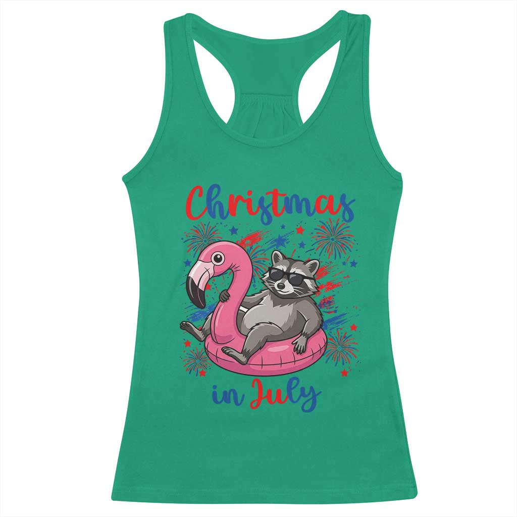 Funny Raccoon Christmas In July 4th of July Racerback Tank Top