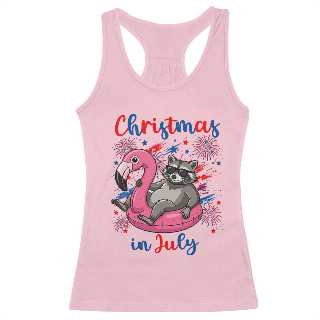 Funny Raccoon Christmas In July 4th of July Racerback Tank Top