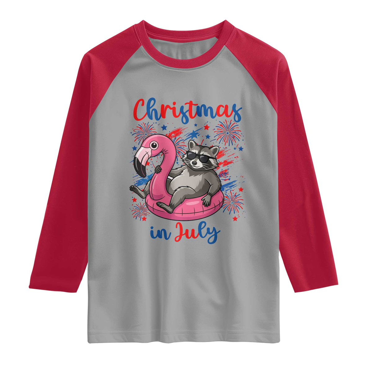 Funny Raccoon Christmas In July 4th of July Raglan Shirt