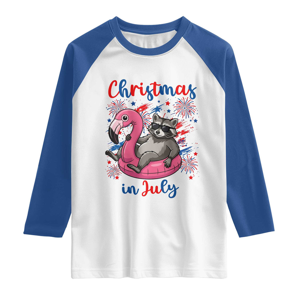 Funny Raccoon Christmas In July 4th of July Raglan Shirt