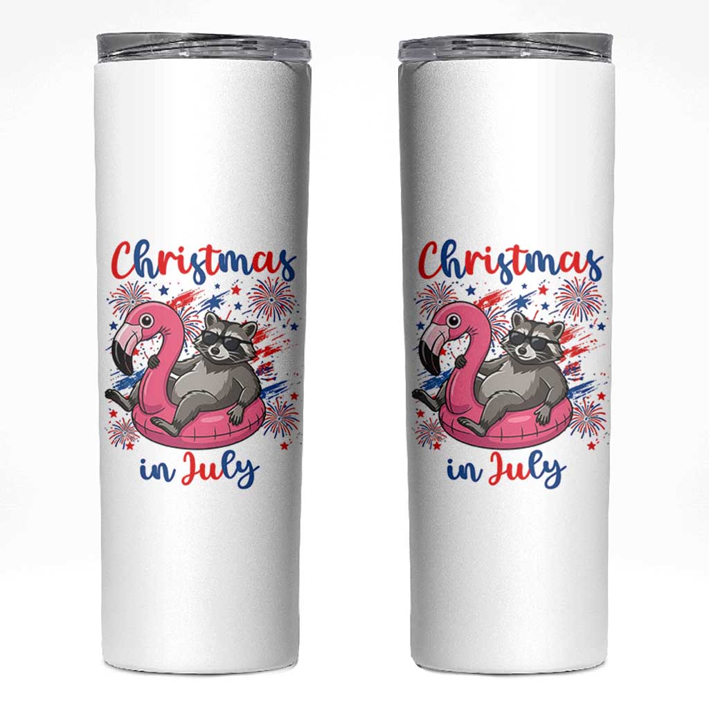 Funny Raccoon Christmas In July 4th of July Skinny Tumbler