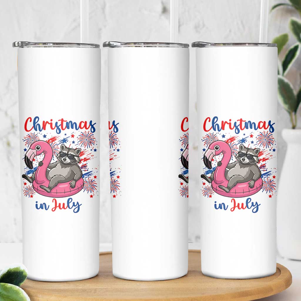 Funny Raccoon Christmas In July 4th of July Skinny Tumbler