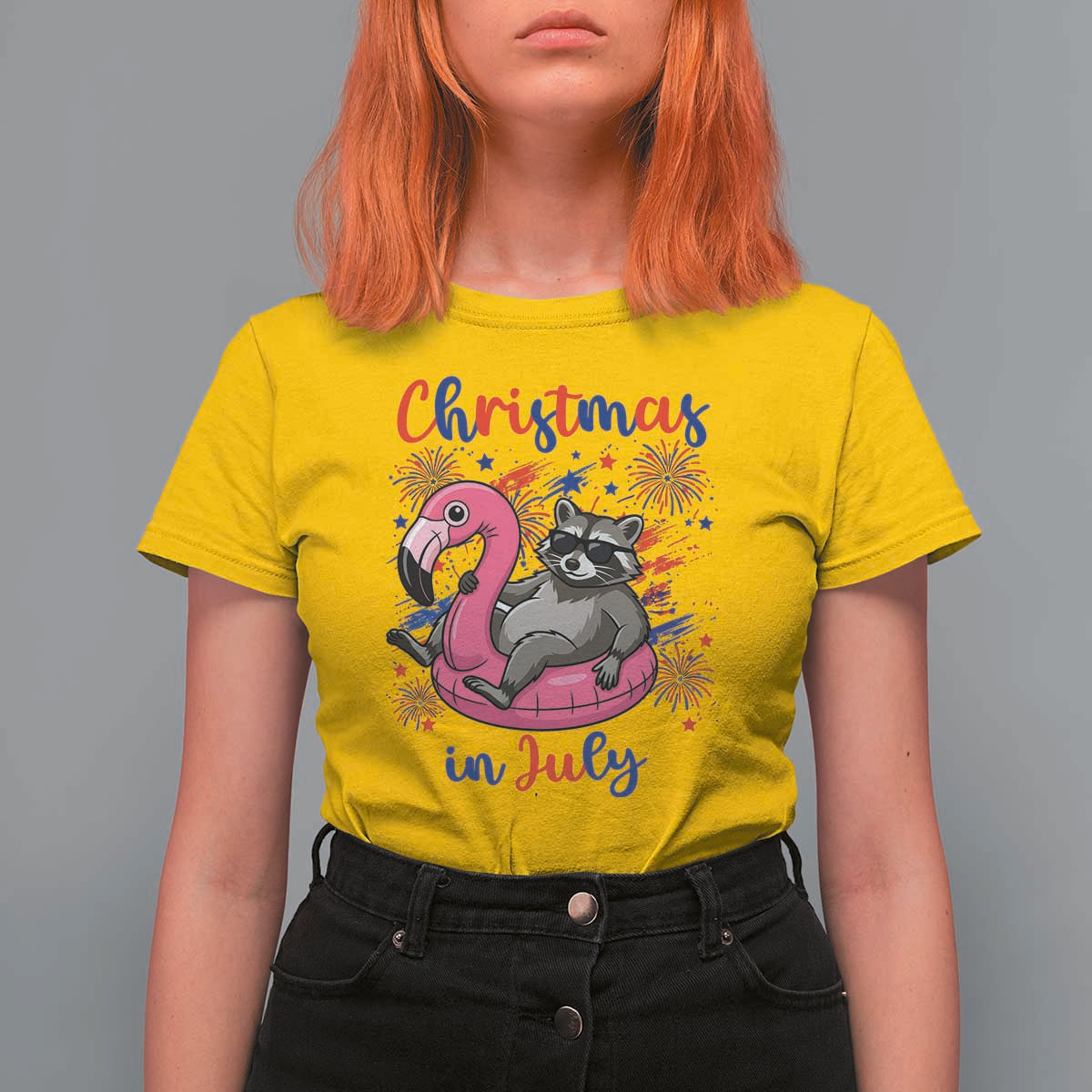 Funny Raccoon Christmas In July 4th of July T Shirt For Women