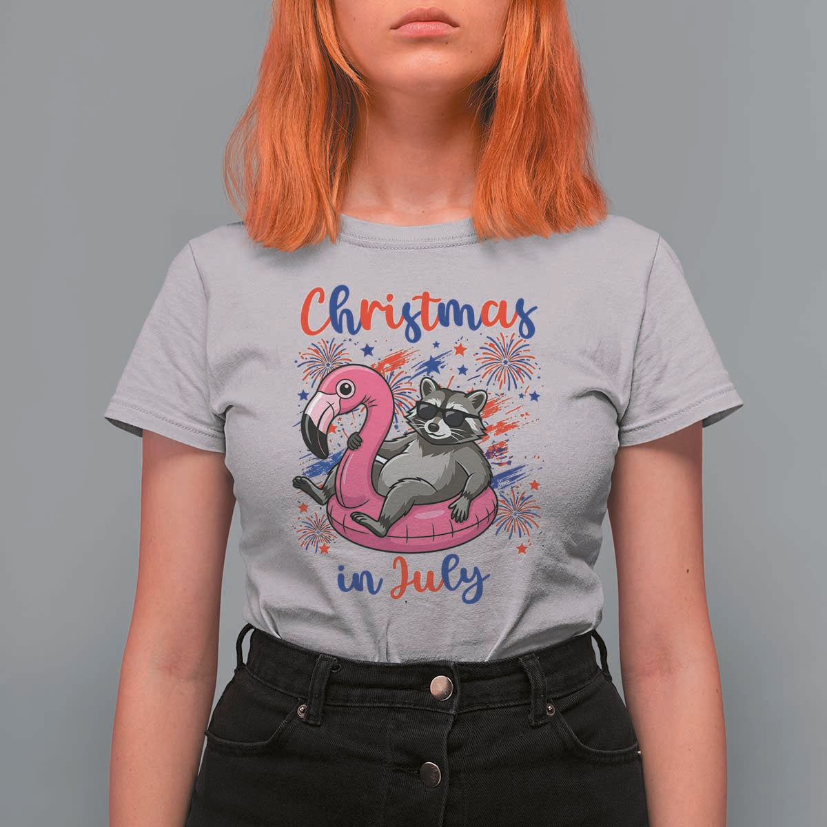 Funny Raccoon Christmas In July 4th of July T Shirt For Women