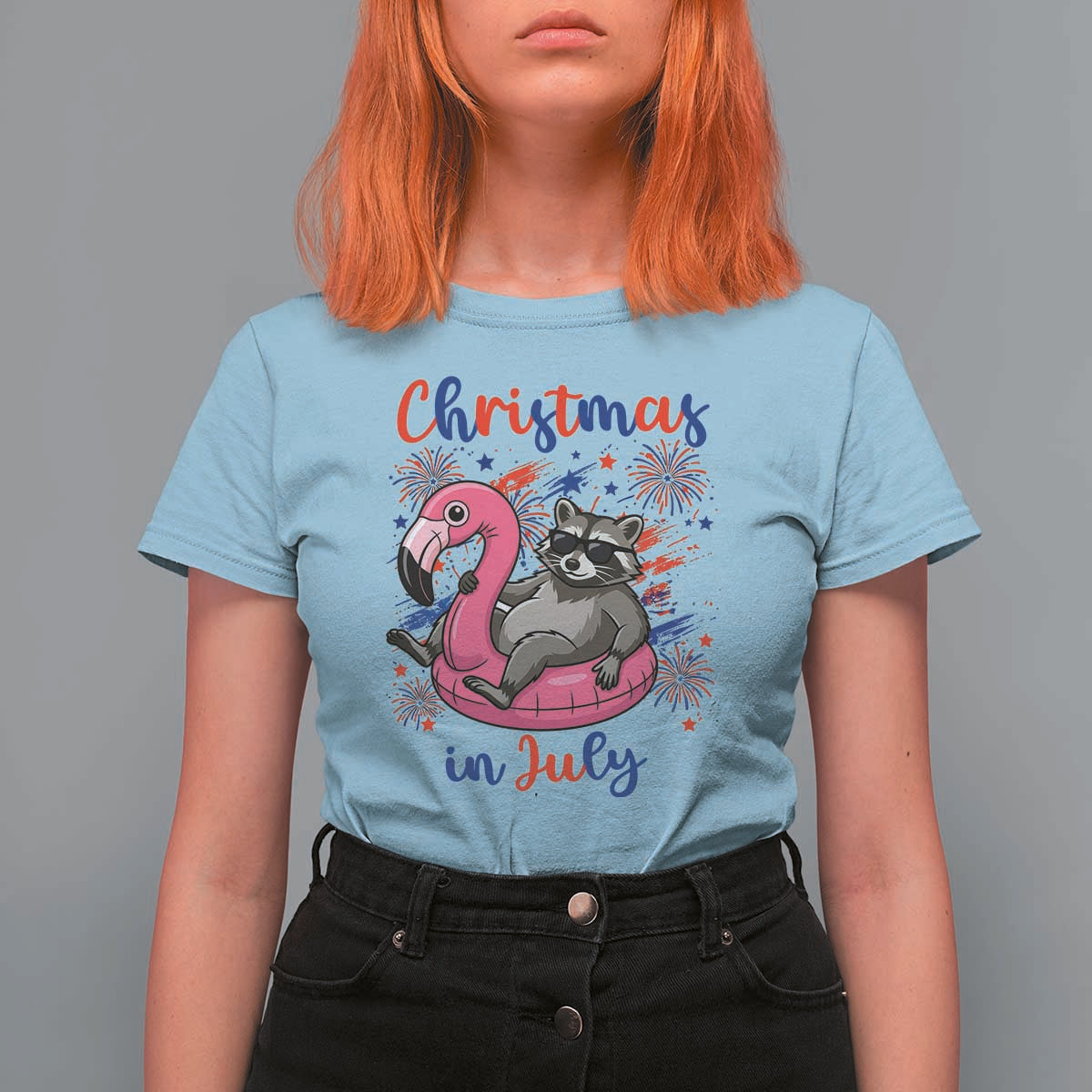 Funny Raccoon Christmas In July 4th of July T Shirt For Women