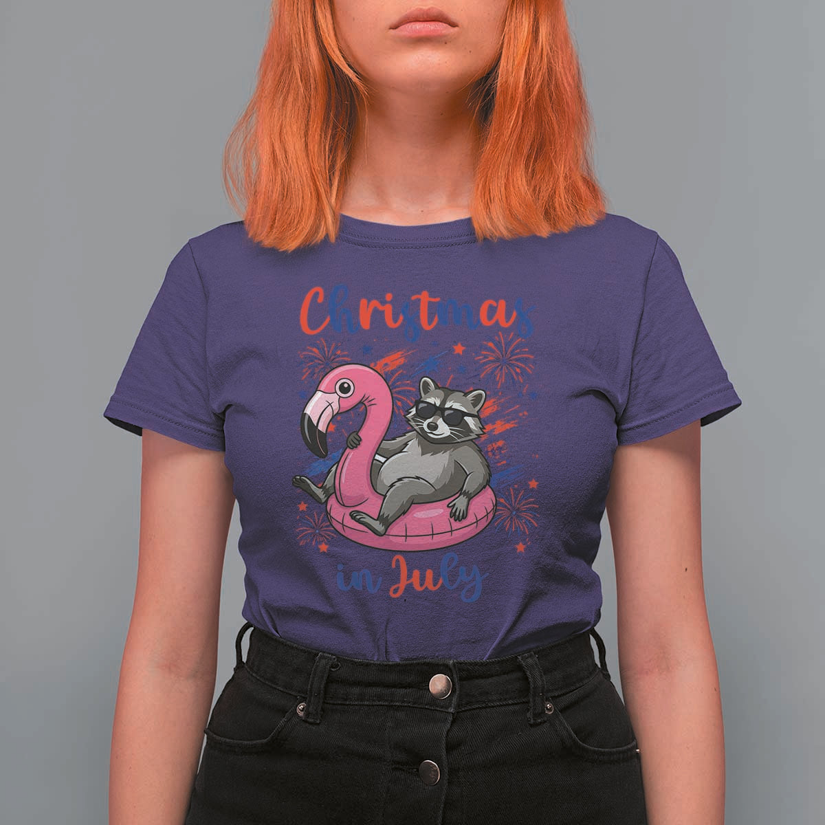Funny Raccoon Christmas In July 4th of July T Shirt For Women