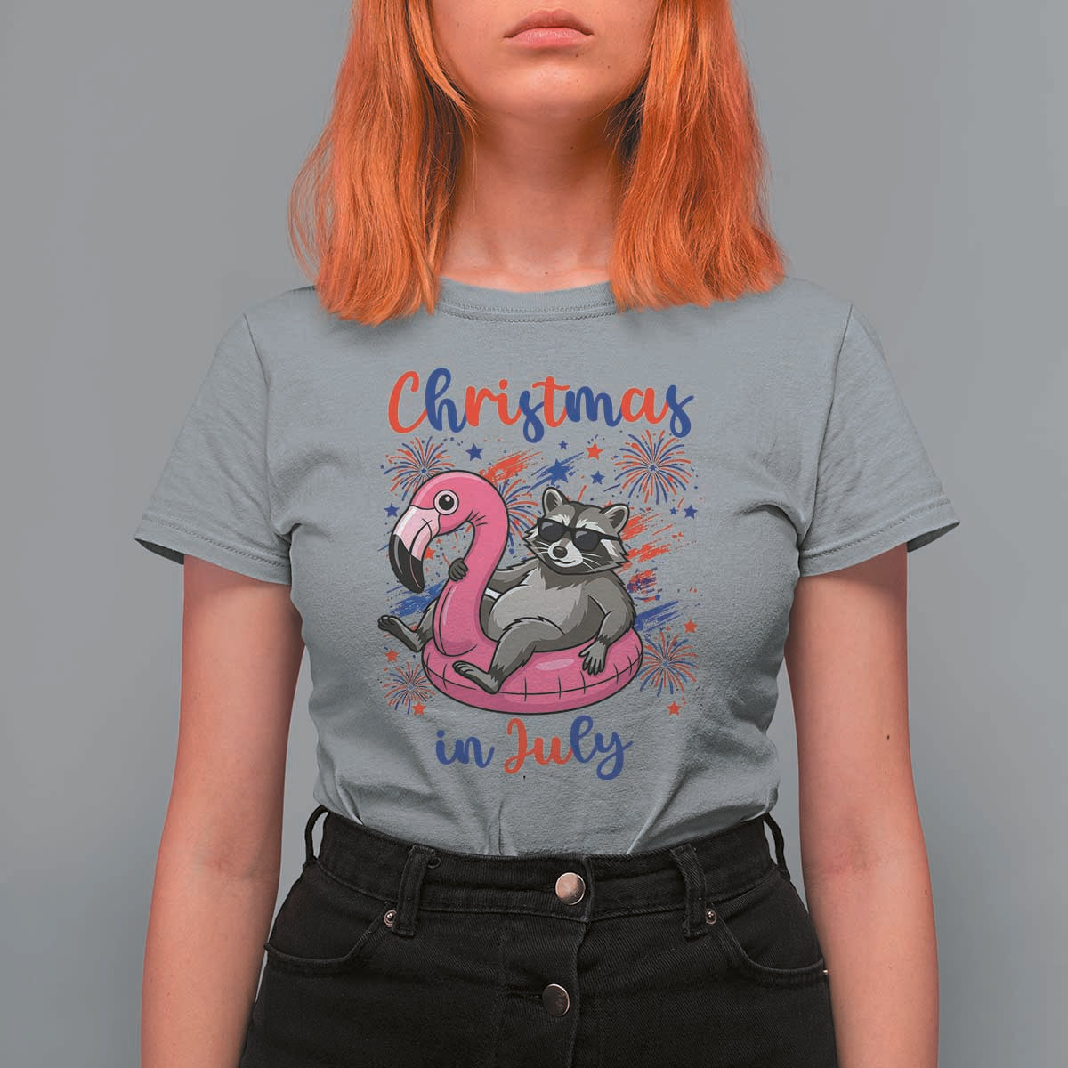 Funny Raccoon Christmas In July 4th of July T Shirt For Women
