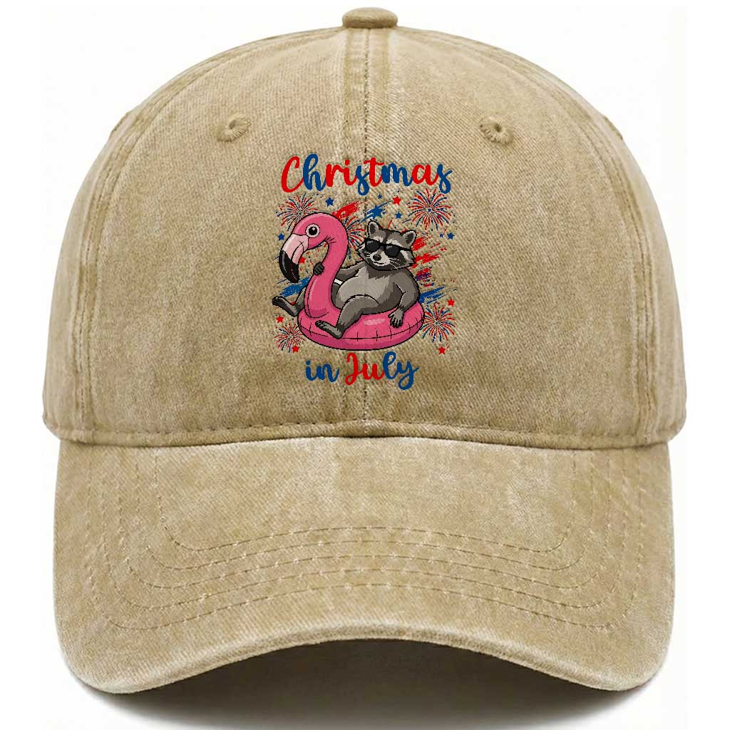 Funny Raccoon Christmas In July 4th of July Washed Cotton Baseball Cap