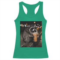 Jimothy Raccoon Seattle Drinking Iced Coffee Meme Racerback Tank Top Viral Trash Panda Seattle Animal Meme