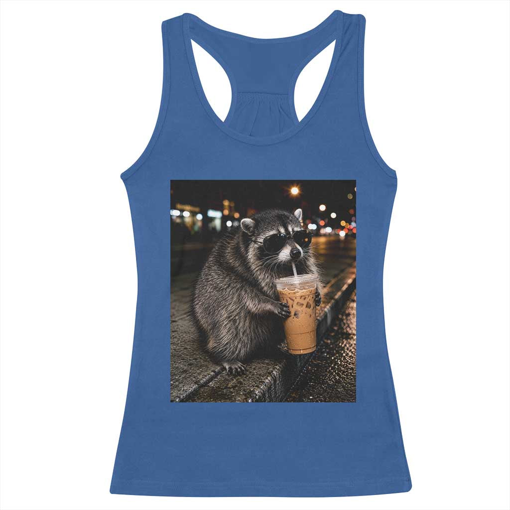 Jimothy Raccoon Seattle Drinking Iced Coffee Meme Racerback Tank Top Viral Trash Panda Seattle Animal Meme