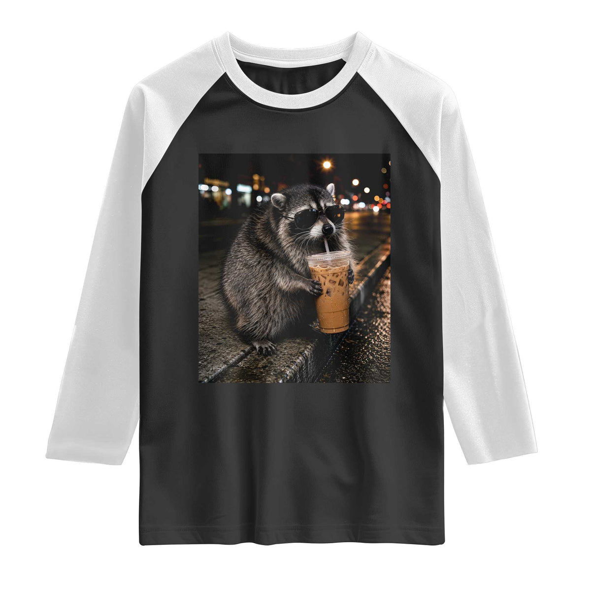 Jimothy Raccoon Seattle Drinking Iced Coffee Meme Raglan Shirt Viral Trash Panda Seattle Animal Meme