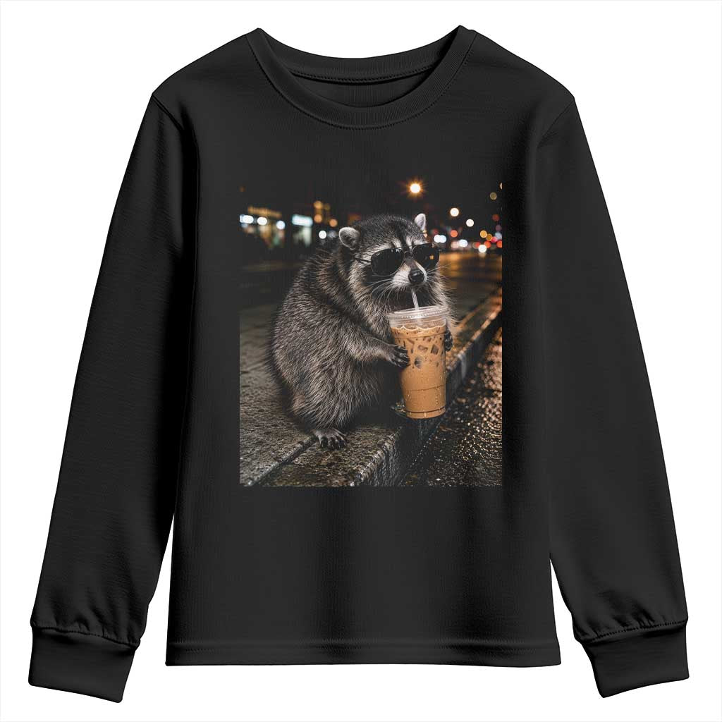 Jimothy Raccoon Seattle Drinking Iced Coffee Meme Youth Sweatshirt Viral Trash Panda Seattle Animal Meme