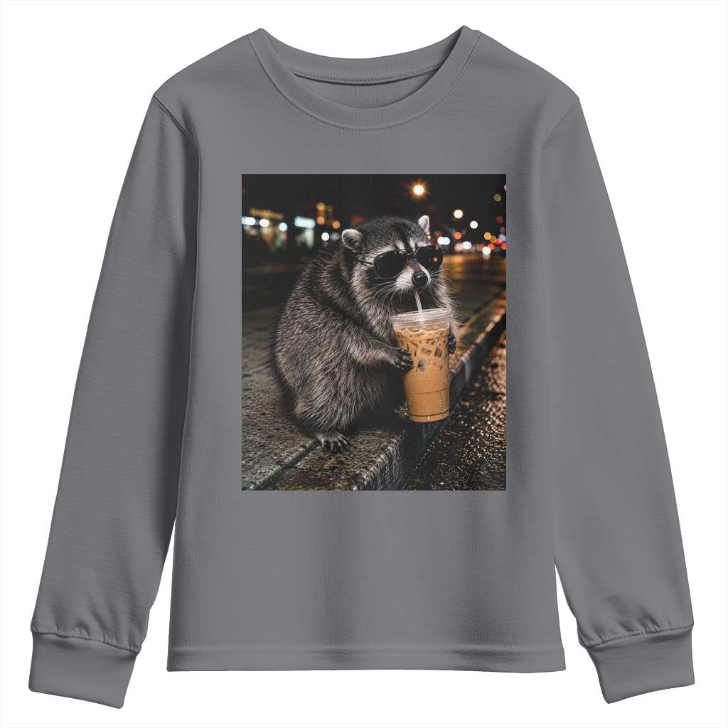 Jimothy Raccoon Seattle Drinking Iced Coffee Meme Youth Sweatshirt Viral Trash Panda Seattle Animal Meme