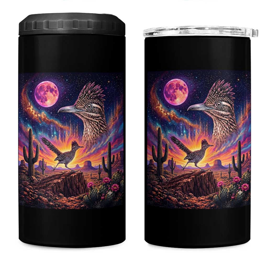 Arizona Roadrunner Vintage Desert Moon Retro Cactus 4 in 1 Can Cooler Tumbler 90s Southwest Wildlife Bird Animal Lover