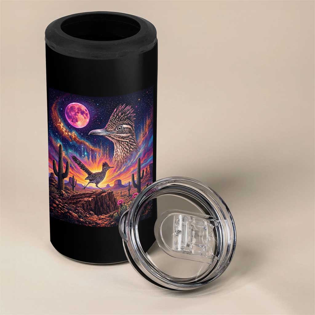 Arizona Roadrunner Vintage Desert Moon Retro Cactus 4 in 1 Can Cooler Tumbler 90s Southwest Wildlife Bird Animal Lover
