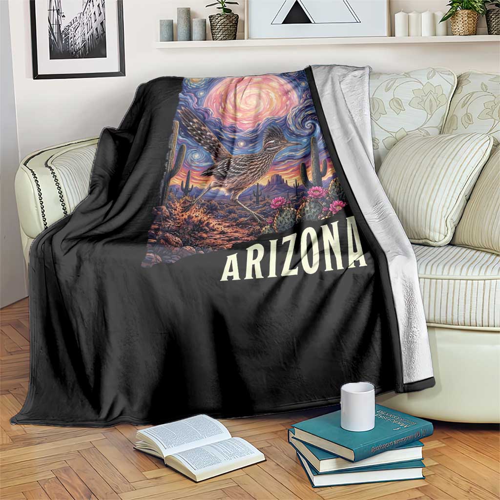 Arizona Roadrunner Vintage Desert Moon Retro Cactus Throw Blanket Southwest Wildlife Bird Starry Night Style
