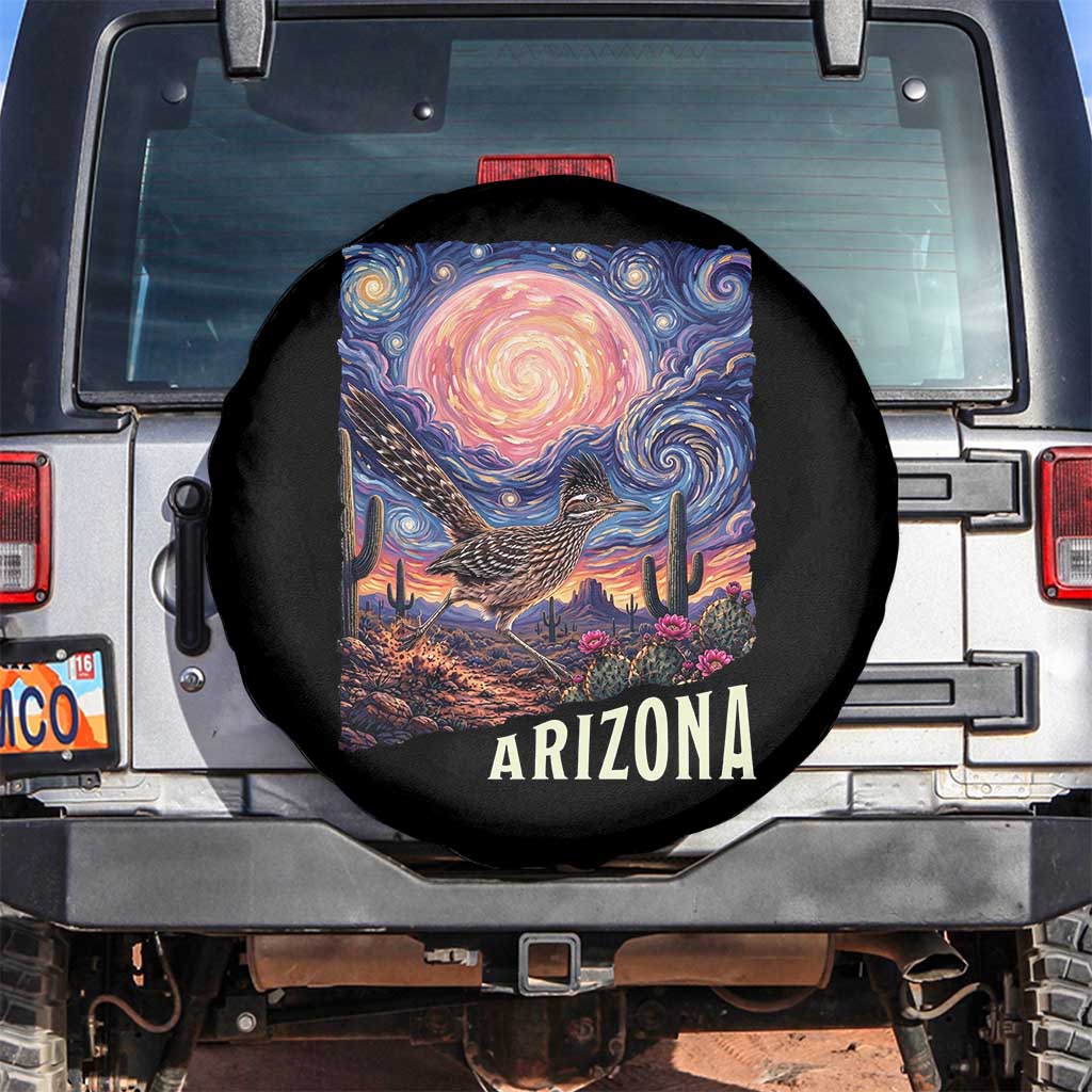 Arizona Roadrunner Vintage Desert Moon Retro Cactus Spare Tire Cover Southwest Wildlife Bird Starry Night Style