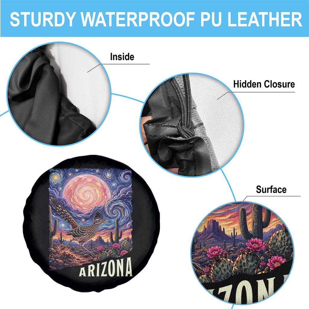Arizona Roadrunner Vintage Desert Moon Retro Cactus Spare Tire Cover Southwest Wildlife Bird Starry Night Style