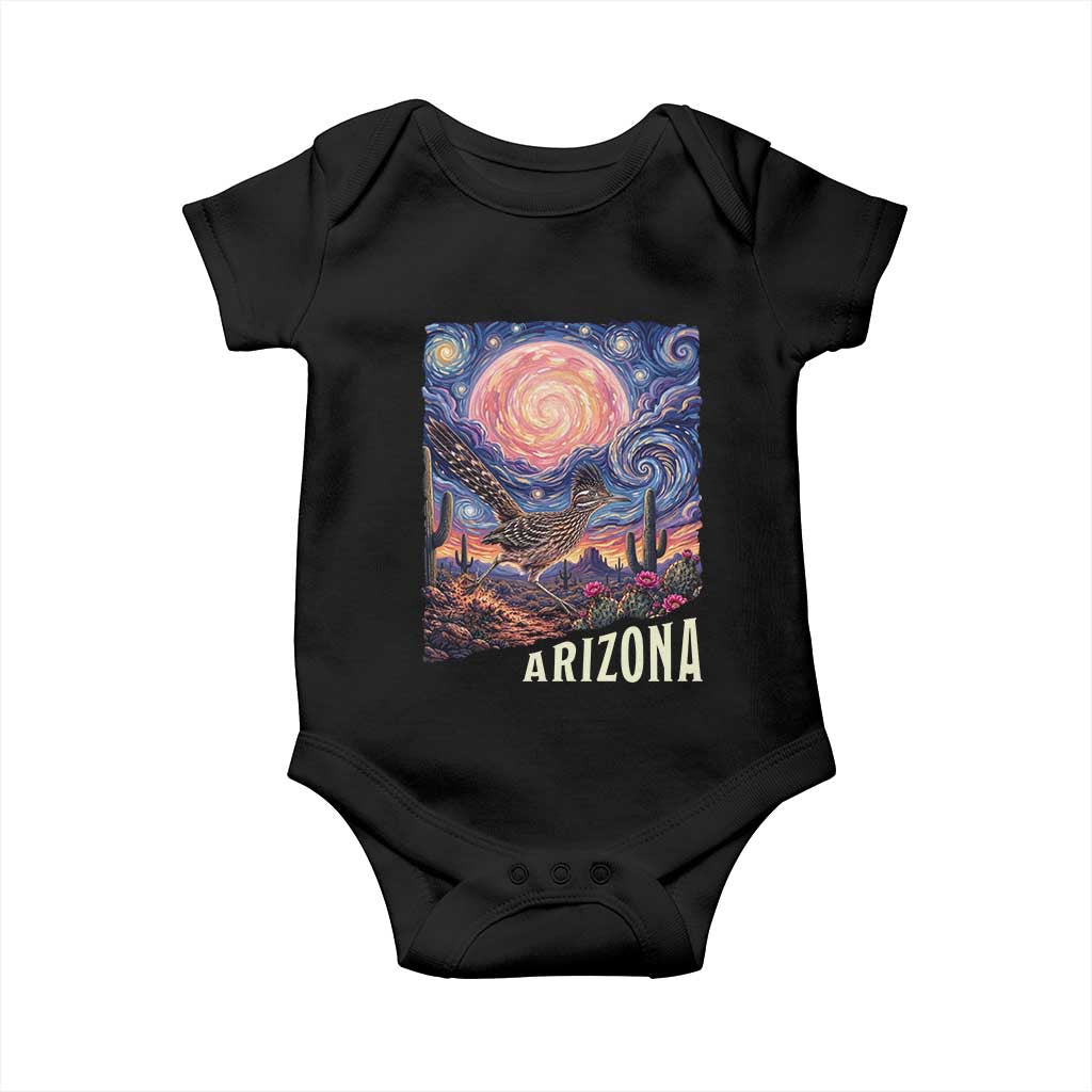 Arizona Roadrunner Vintage Desert Moon Retro Cactus Baby Onesie Southwest Wildlife Bird Starry Night Style