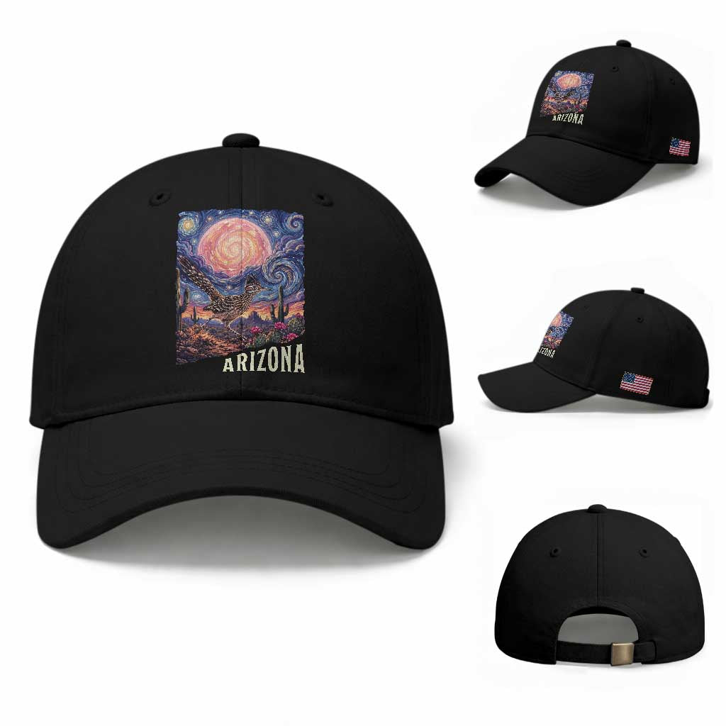 Arizona Roadrunner Vintage Desert Moon Retro Cactus Baseball Cap Southwest Wildlife Bird Starry Night Style