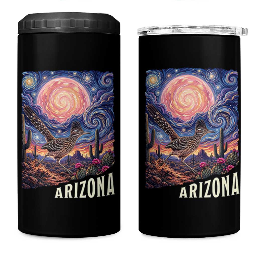 Arizona Roadrunner Vintage Desert Moon Retro Cactus 4 in 1 Can Cooler Tumbler Southwest Wildlife Bird Starry Night Style
