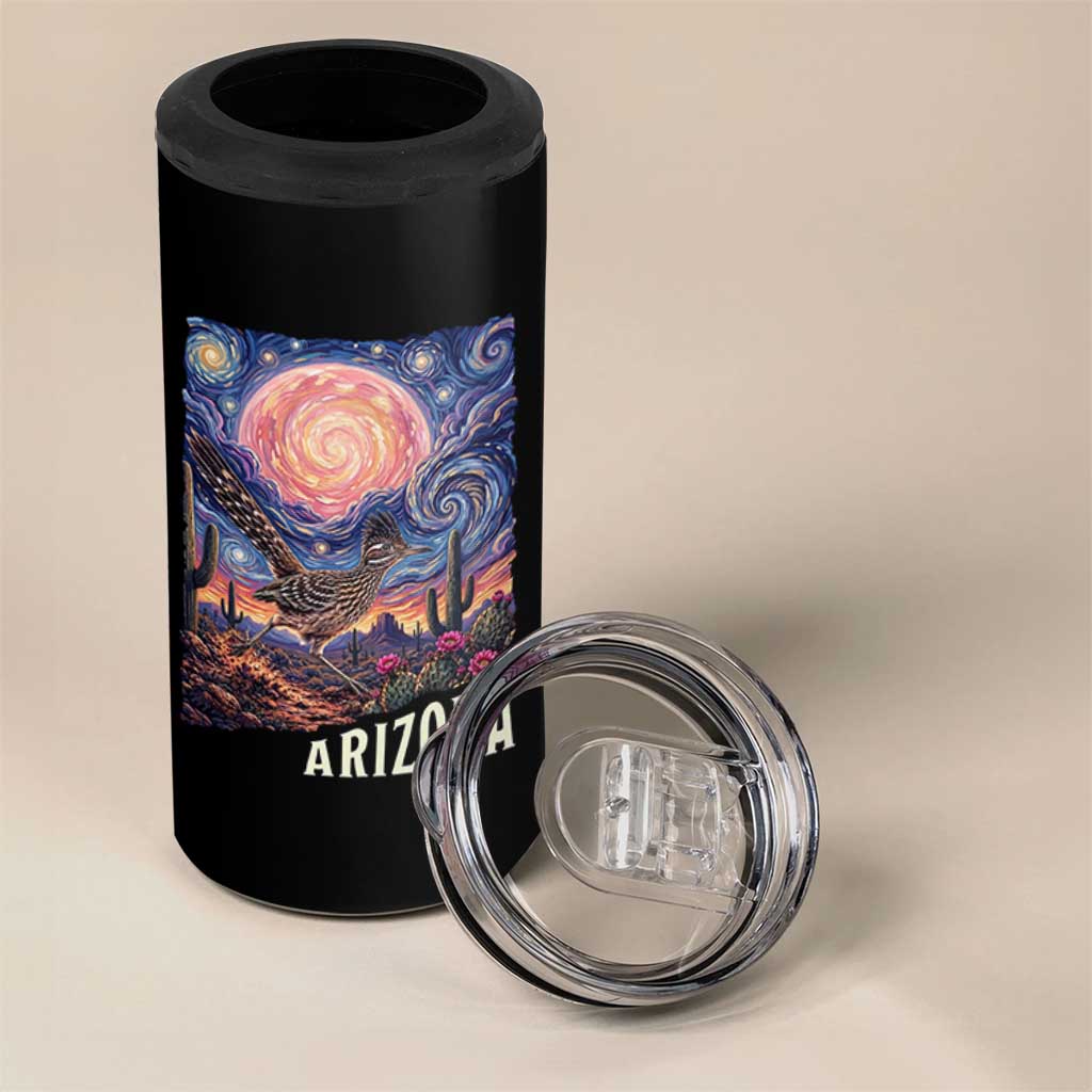Arizona Roadrunner Vintage Desert Moon Retro Cactus 4 in 1 Can Cooler Tumbler Southwest Wildlife Bird Starry Night Style