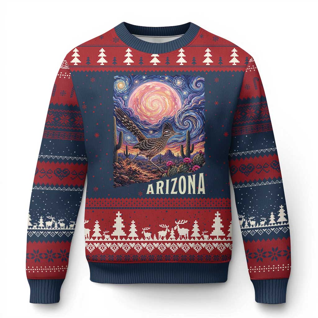 Arizona Roadrunner Vintage Desert Moon Retro Cactus Ugly Christmas Sweater Southwest Wildlife Bird Starry Night Style