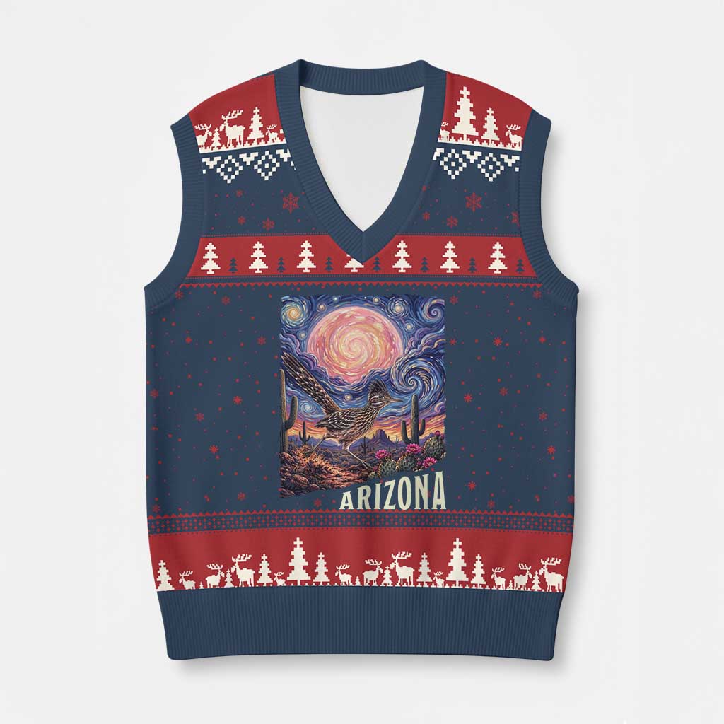 Arizona Roadrunner Vintage Desert Moon Retro Cactus V-Neck Knit Sweater Vest Southwest Wildlife Bird Starry Night Style