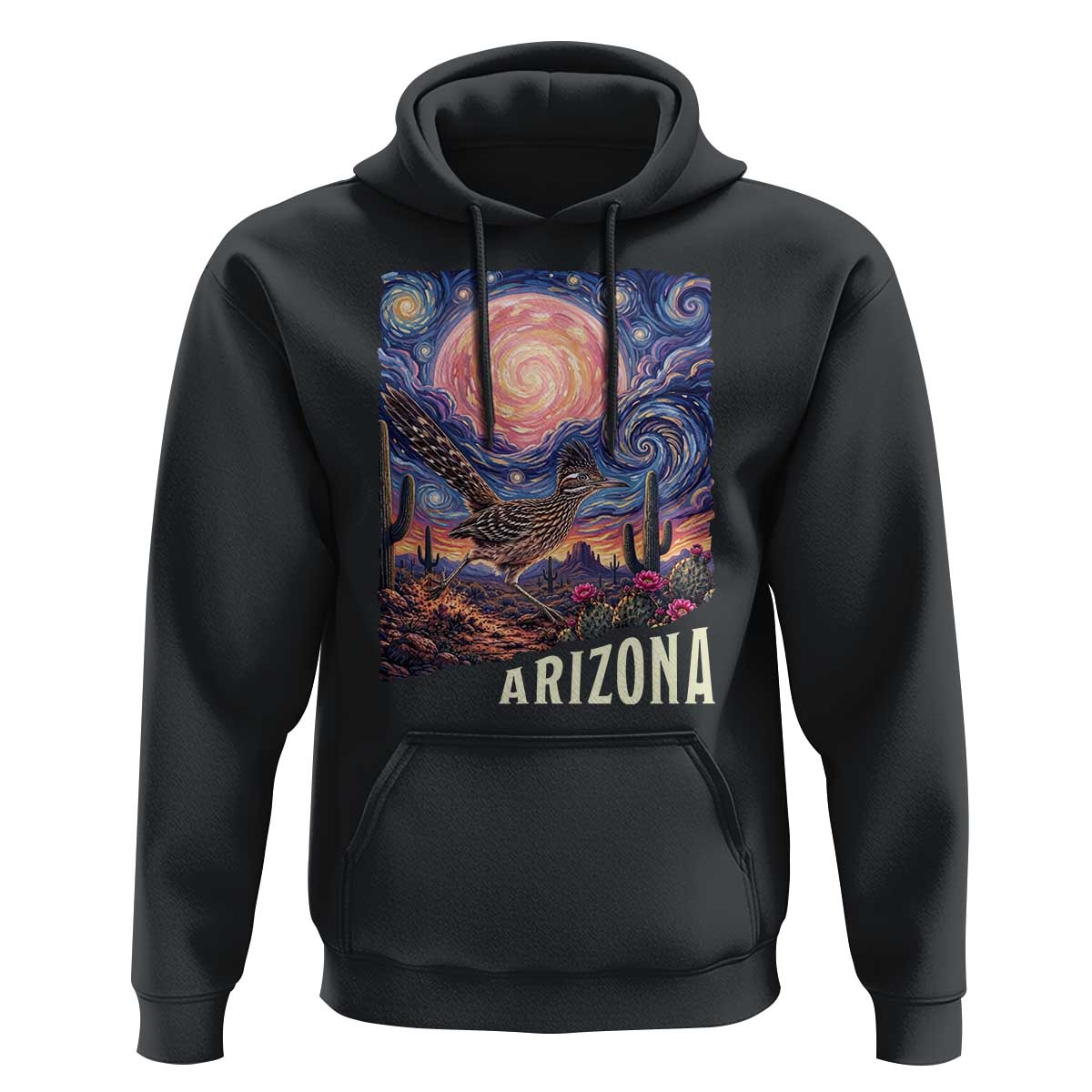 Arizona Roadrunner Vintage Desert Moon Retro Cactus Hoodie Southwest Wildlife Bird Starry Night Style