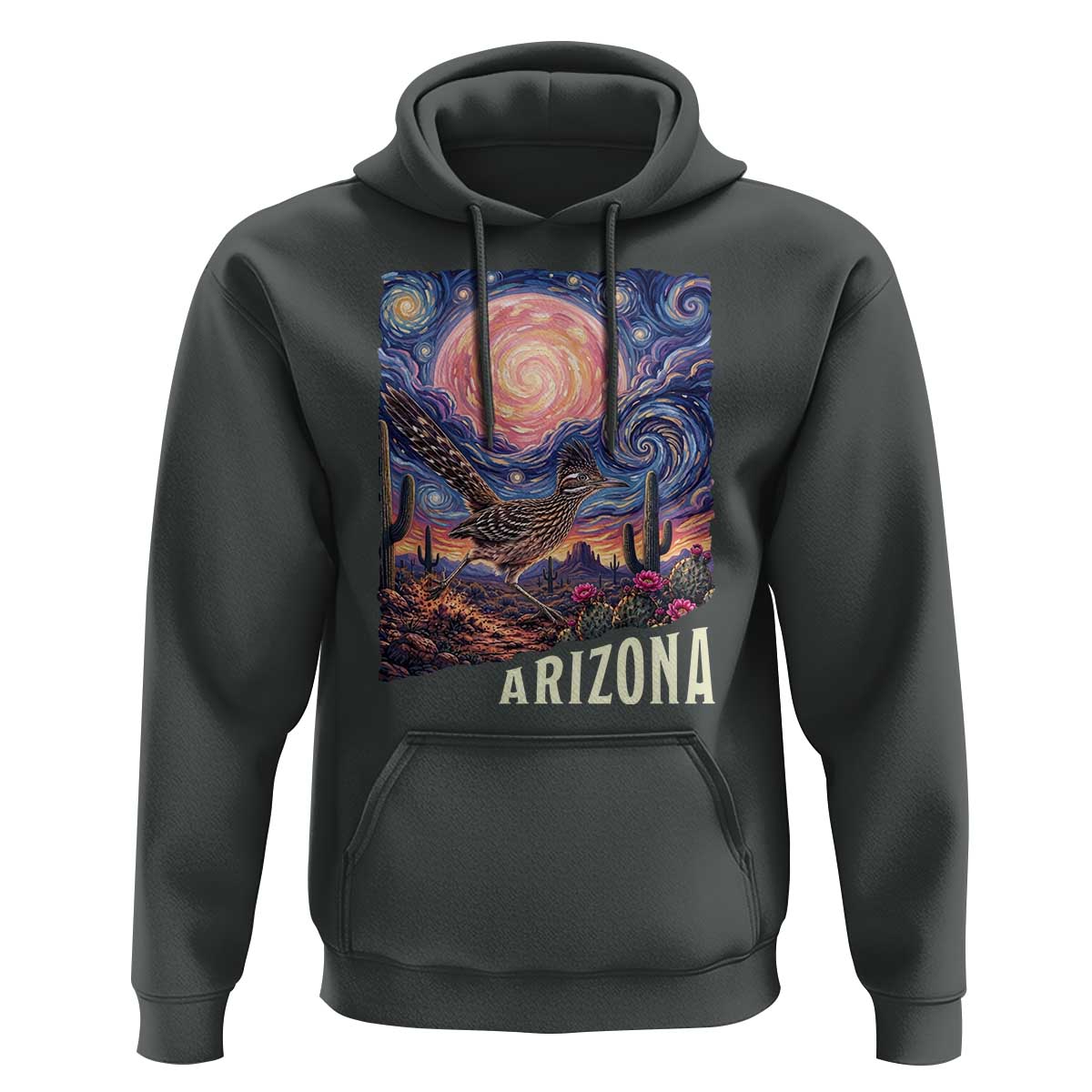 Arizona Roadrunner Vintage Desert Moon Retro Cactus Hoodie Southwest Wildlife Bird Starry Night Style