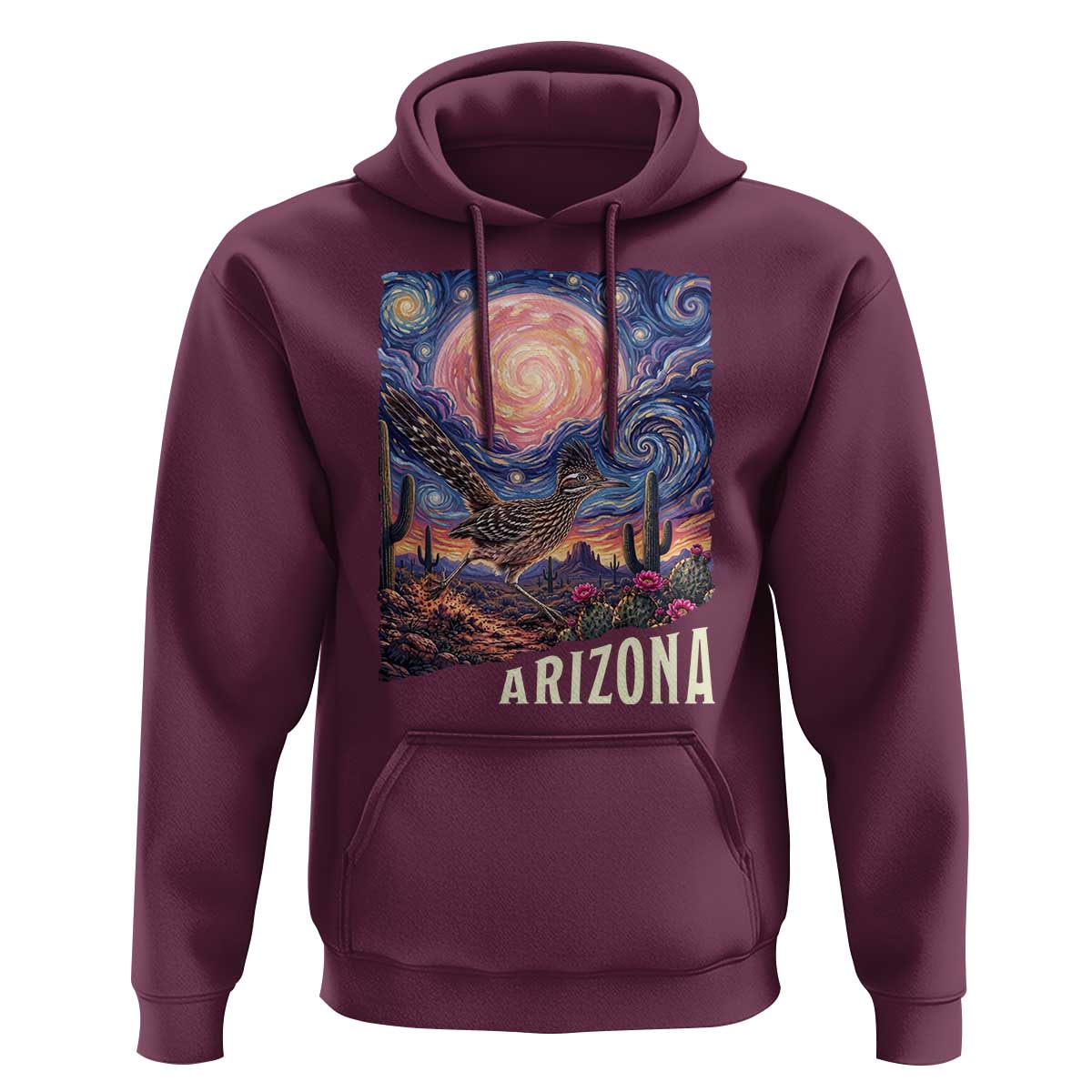 Arizona Roadrunner Vintage Desert Moon Retro Cactus Hoodie Southwest Wildlife Bird Starry Night Style