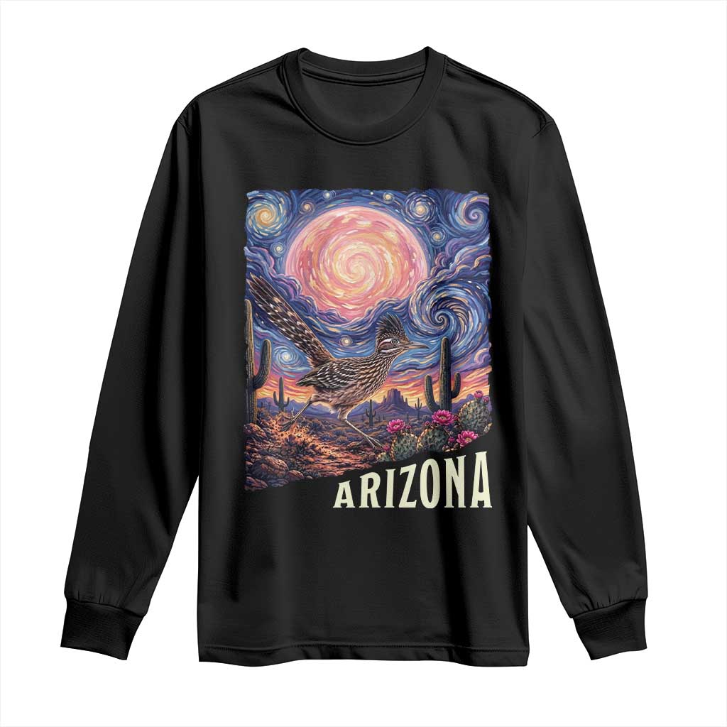 Arizona Roadrunner Vintage Desert Moon Retro Cactus Long Sleeve Shirt Southwest Wildlife Bird Starry Night Style